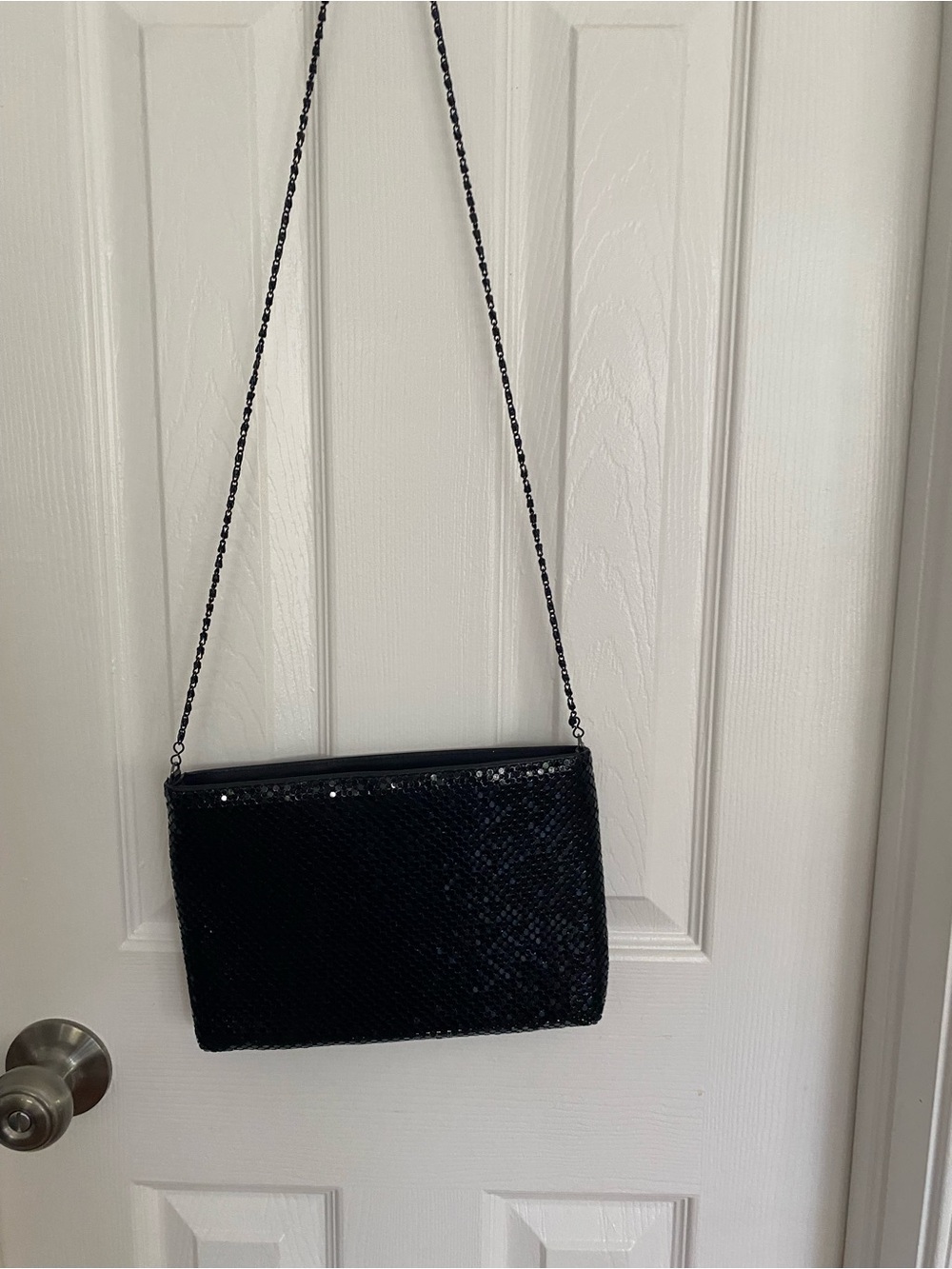 Black Sequin Chain-Shoulder Evening Bag
11 x 7.  One inside zipper pocket